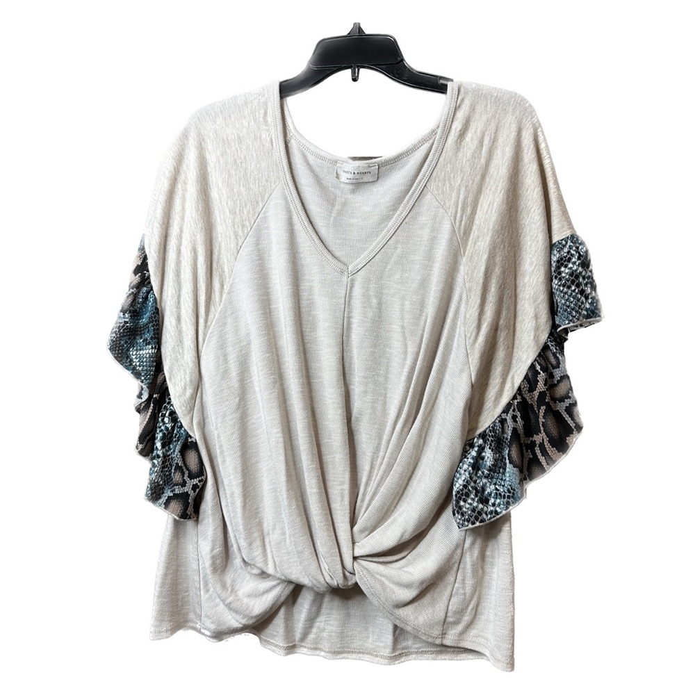Saints and Hearts Flutter Sleeve Mixed Knit Animal print detail Beige Sz Large